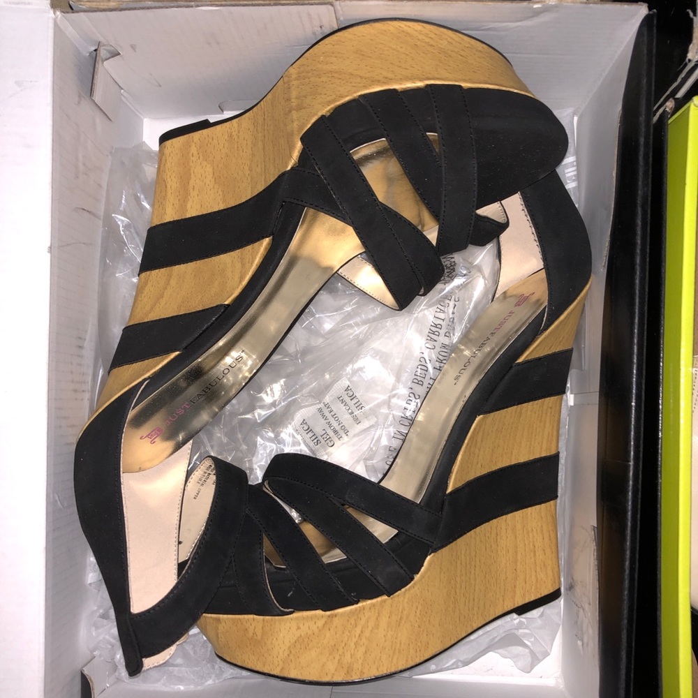 Erica Wood and Black Wedge Platform